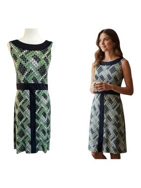 Tory Burch 100% Silk Dress M Navy Blue Green Chain Link Print Boat Neck Gold Zip